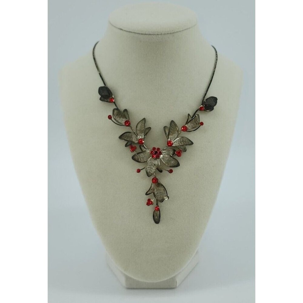Dark Silver Tone Metal Mesh‎ Red Rhinestone Flower Y Shaped Necklace Unbranded